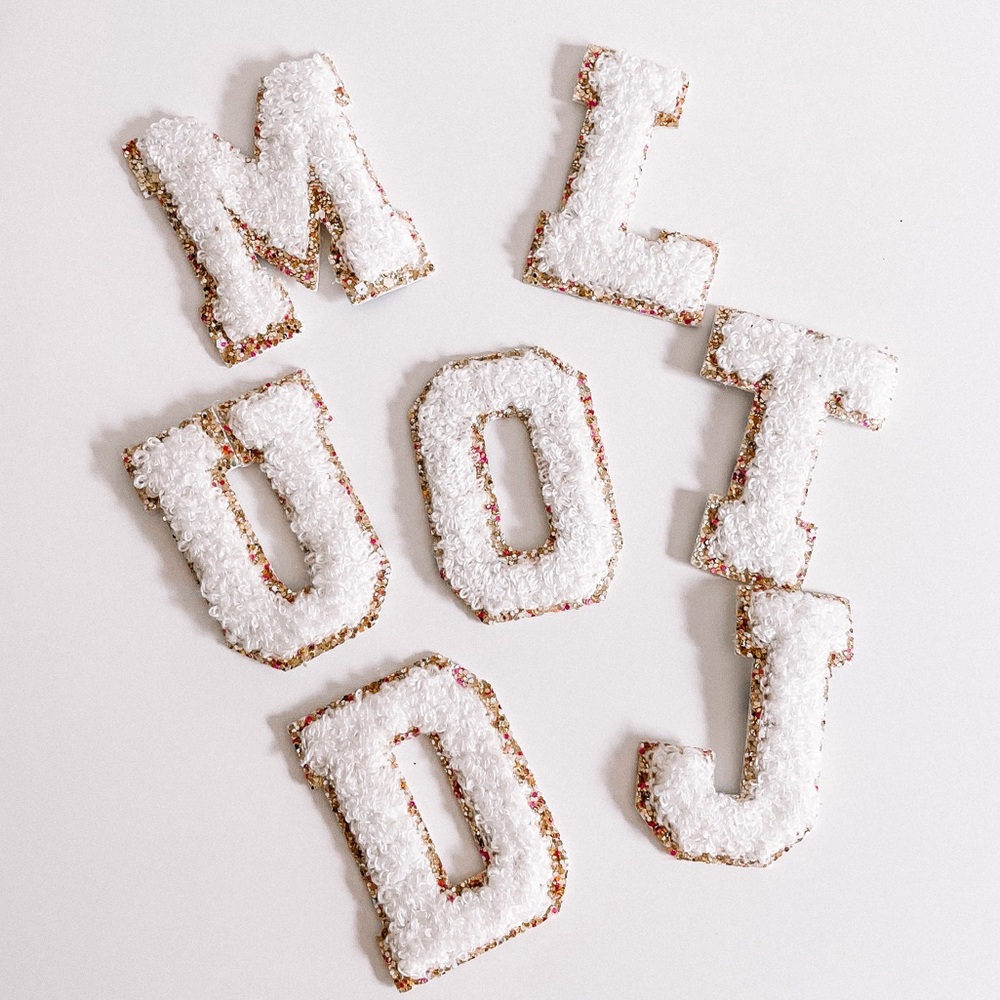 White Monogram Gold Glitter Chenille Letter Patch